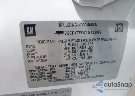 2020 Chevrolet Silverado 1500 4Wd Short Bed Lt Trail Boss z USA, uszkodzony, nr VIN 3GCPYFED7LG413099